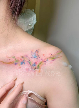 漫流花丛水彩蝴蝶纹身贴女锁骨