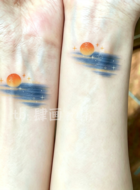 落日与海手腕小图案彩色纹身贴