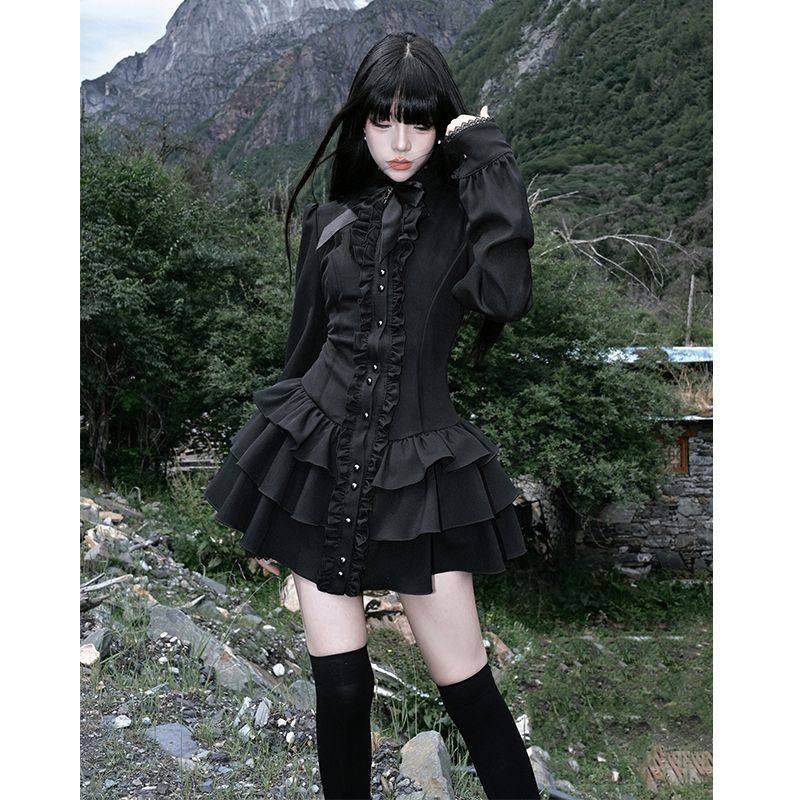 thumbnail for 哥特风黑色荷叶边气质收腰连衣裙女复古收腰蛋糕JSK小黑裙洛丽塔A