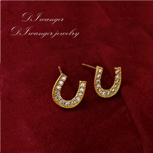 18K黄金马蹄U形镶钻耳钉女高级感轻奢气质小众轻奢纯银耳饰耳环
