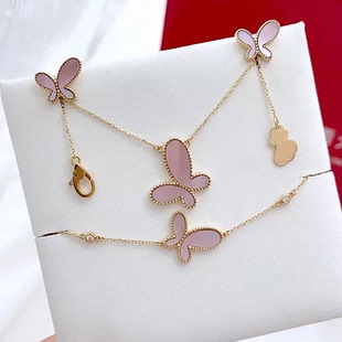 蝴蝶项链女22K金黄金钻石糖果粉贝母纯银锁骨链手链耳钉耳环耳线