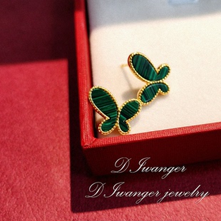 22K金蝴蝶耳钉女白贝母孔雀石红玉髓s925纯银耳环i气质显脸小精致