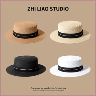 新款网红夏天平顶礼帽草帽女平檐欧美英伦遮阳帽沙滩度假百搭