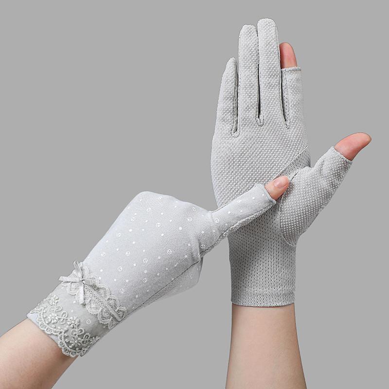 防晒手套女防紫外线开车骑电动车露指采茶露二指半指蕾丝薄款纯棉