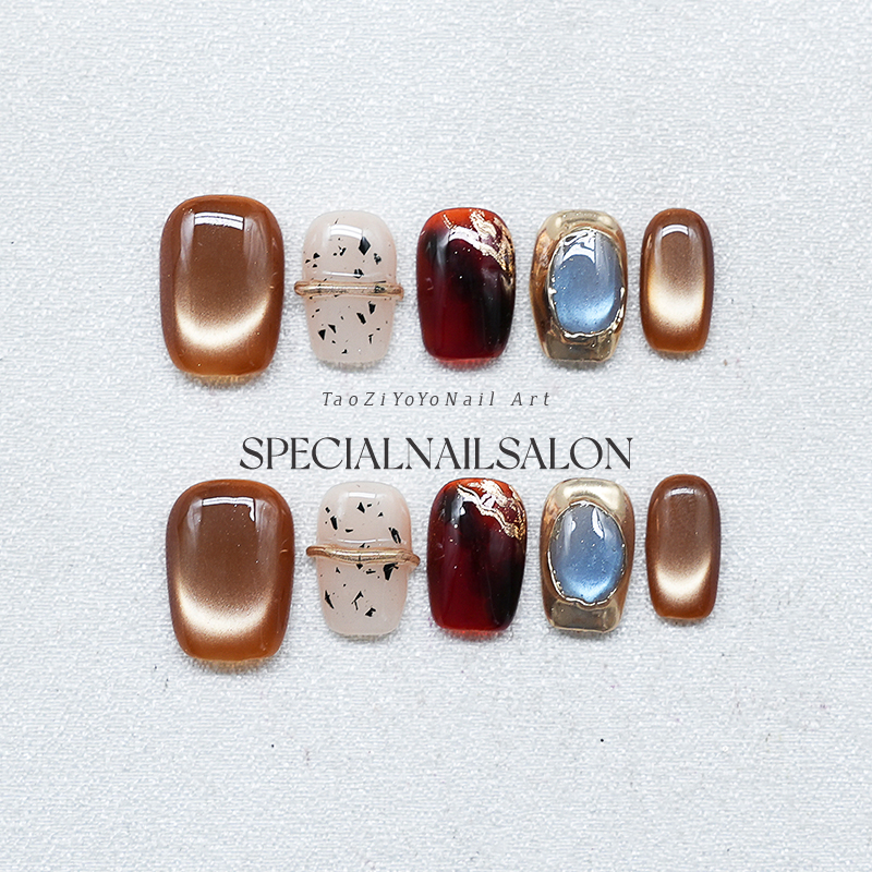 【琥珀星芒】纯手工穿戴美甲原创个性小众秋冬焦糖色猫眼指甲贴片