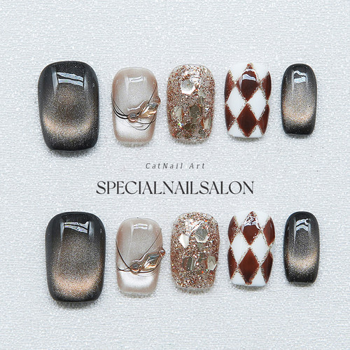 【焦糖华夫】纯手工穿戴甲秋冬格纹爆闪棋盘格高级感显白美甲贴片