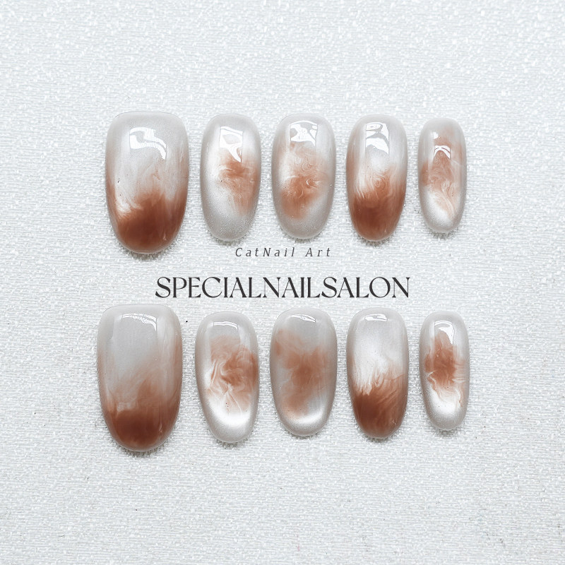 【冰茶琥珀】纯手工穿戴甲晕染焦糖色清透猫眼高级感杏仁甲美甲片