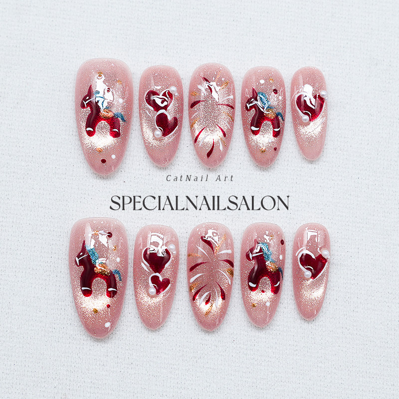 【马到福来】纯手工穿戴甲国风新年款爱心烟花高级感2026美甲贴片,彩妆/香水/美妆工具,穿戴甲/甲片,淘宝优惠券,粉丝福利购,淘宝优惠卷