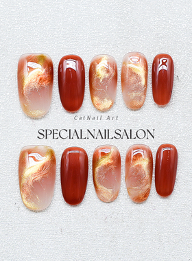 【晚风映霞】2025新款高级感红色新年晕染新娘婚甲中长款穿戴美甲