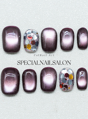 【紫糖浆果】纯手工穿戴甲爆闪细钻网红流行紫色猫眼显白美甲贴片