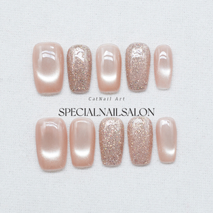 【丝雪泡影】纯手工穿戴甲日常百搭细闪裸色猫眼高级感美甲26新款