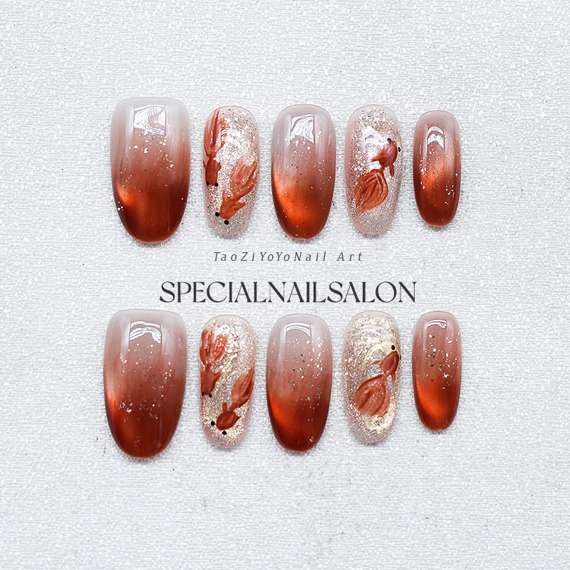 【好运锦鲤】纯手工穿戴甲晕染琥珀秋冬2025新款杏仁甲高级感美甲