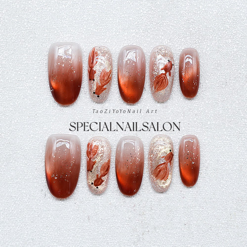 【好运锦鲤】纯手工穿戴甲晕染琥珀秋冬2026新款杏仁甲高级感美甲