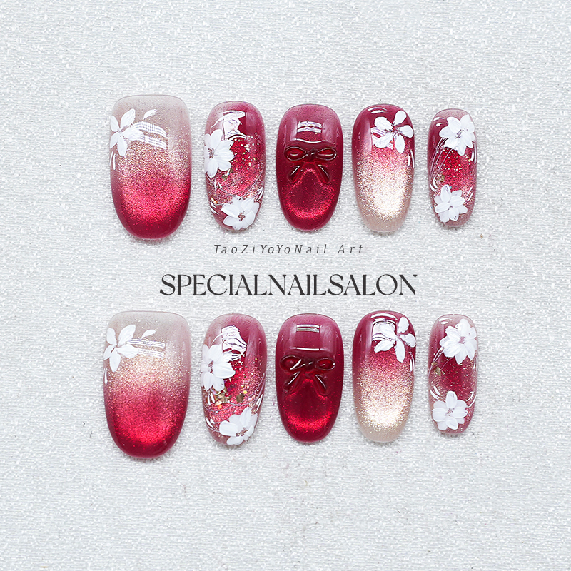 【花漾心语】纯手工穿戴甲高级感晕染花花红色渐变蝴蝶结显白美甲