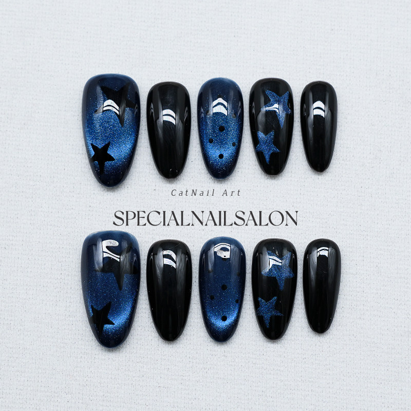 【深蓝星曜】纯手工穿戴甲秋冬新款神秘黑猫眼星空高级感美甲贴片,彩妆/香水/美妆工具,穿戴甲/甲片,淘宝优惠券,粉丝福利购,淘宝优惠卷