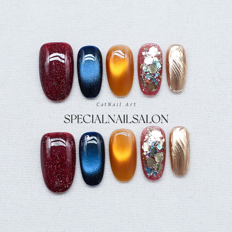 【新年派对】纯手工穿戴甲马年款高级感爆闪亮片猫眼日常美甲贴片,彩妆/香水/美妆工具,穿戴甲/甲片,淘宝优惠券,粉丝福利购,淘宝优惠卷