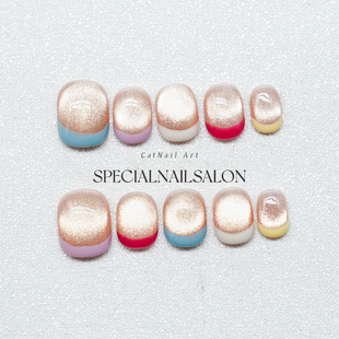 纯手工穿戴甲春夏多巴胺简约日常玻璃珠细闪猫眼美甲 甜心糖果