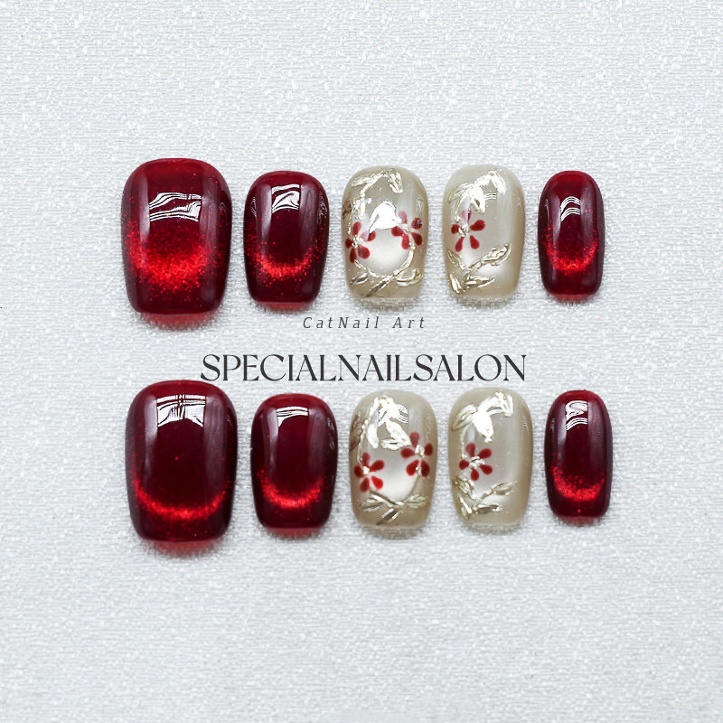 【红墙花窗】纯手工穿戴美甲秋冬新款金箔花卉气质氛围感指甲贴片,彩妆/香水/美妆工具,穿戴甲/甲片,淘宝优惠券,粉丝福利购,淘宝优惠卷