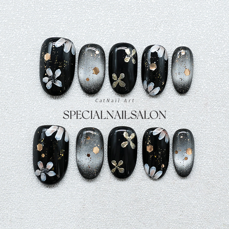 【暗巷花语】纯手工穿戴美甲2025新款高级感鎏金花卉显白指甲贴片