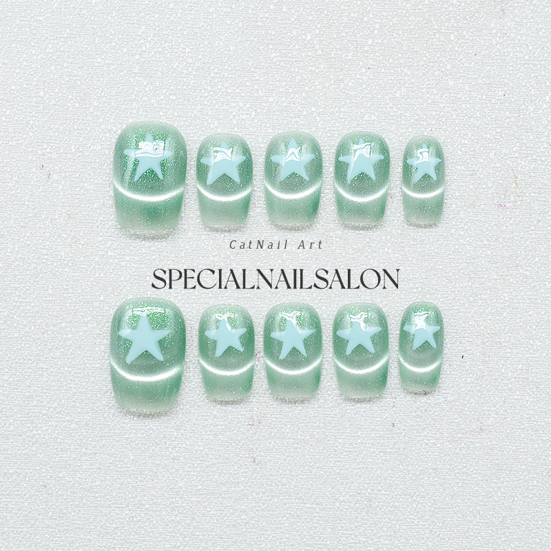 【青柠星尘】纯手工穿戴美甲夏日韩版ins薄荷绿星星猫眼指甲贴片