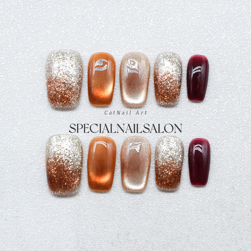 【琥色流年】纯手工穿戴甲秋冬美拉德爆闪晕染渐变猫眼高级感美甲,彩妆/香水/美妆工具,穿戴甲/甲片,淘宝优惠券,粉丝福利购,淘宝优惠卷