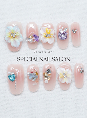 【雾岛寻花】手工穿戴甲特定立体浮雕花花钻饰高级感轻奢美甲贴片