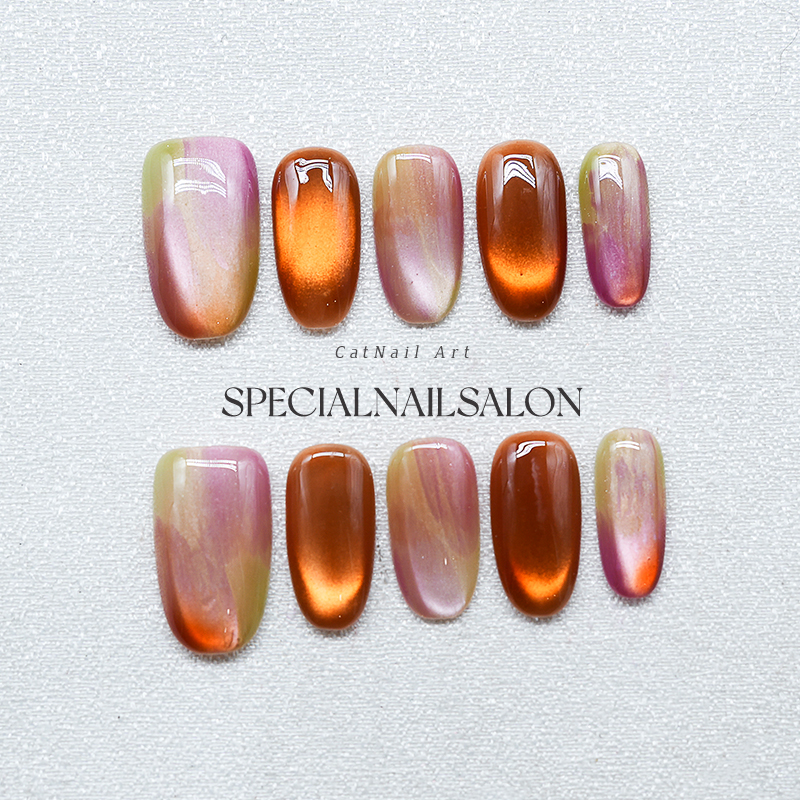 【彩虹硬糖】纯手工穿戴甲秋冬新款焕彩玻璃珠猫眼高级感美甲贴片