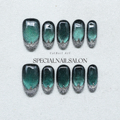 纯手工穿戴甲2025新款 极夜绿光 爆闪渐变橄榄绿猫眼高级感美甲