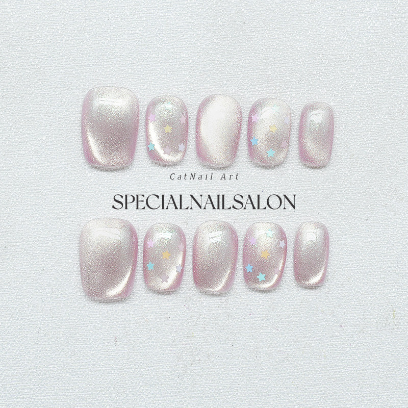 【闪闪星空】纯手工穿戴甲裸粉色猫眼爆闪星星亮片学生党夏日美甲,彩妆/香水/美妆工具,穿戴甲/甲片,淘宝优惠券,粉丝福利购,淘宝优惠卷