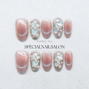 【霞光漫步】纯手工穿戴甲爆闪钻饰温柔裸粉色猫眼美甲假指甲贴片