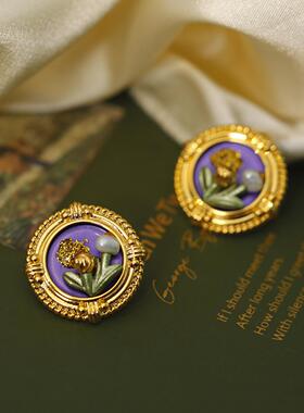 铜度18K金复古宫廷风油画耳钉紫色郁金香耳饰巴洛克超仙珍珠耳环