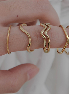 波浪线条组合戒指 爆款18K时尚简约设计感开口叠戴钛钢戒指女