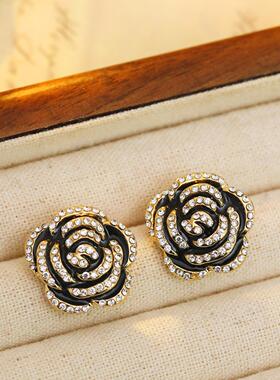 黑色山茶花滴油耳环复古时尚高级感满镶锆石水钻耳钉超闪气质耳饰