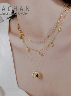 日韩新款滴油浮雕纹理吊坠项链小众设计18K真金多层叠戴钛钢项链