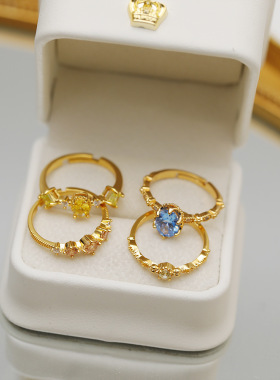 法式轻奢气质蓝色宝石戒指中古vintage可调节橄榄绿食指戒指环女