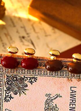 法式复古金属豆豆耳钉可拆卸椭圆酒红滴釉耳坠2024新款设计感耳环