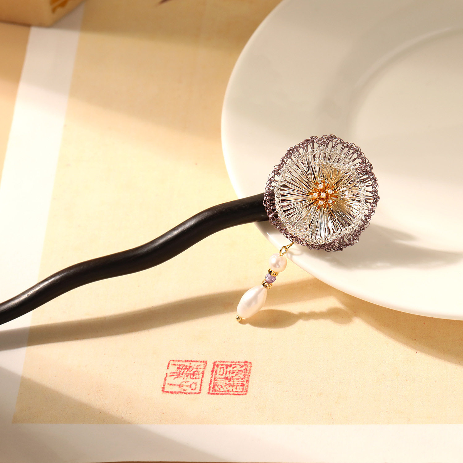 复古新中式小荷花珍珠实木发簪古
