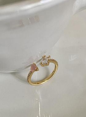 ins气质甜美粉色猫眼石爱心戒指少女可爱细圈开口可调节对戒指环