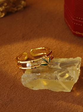 国风新中式富贵竹戒指双层镂空森系翠竹珍珠开口戒可调节指环手饰