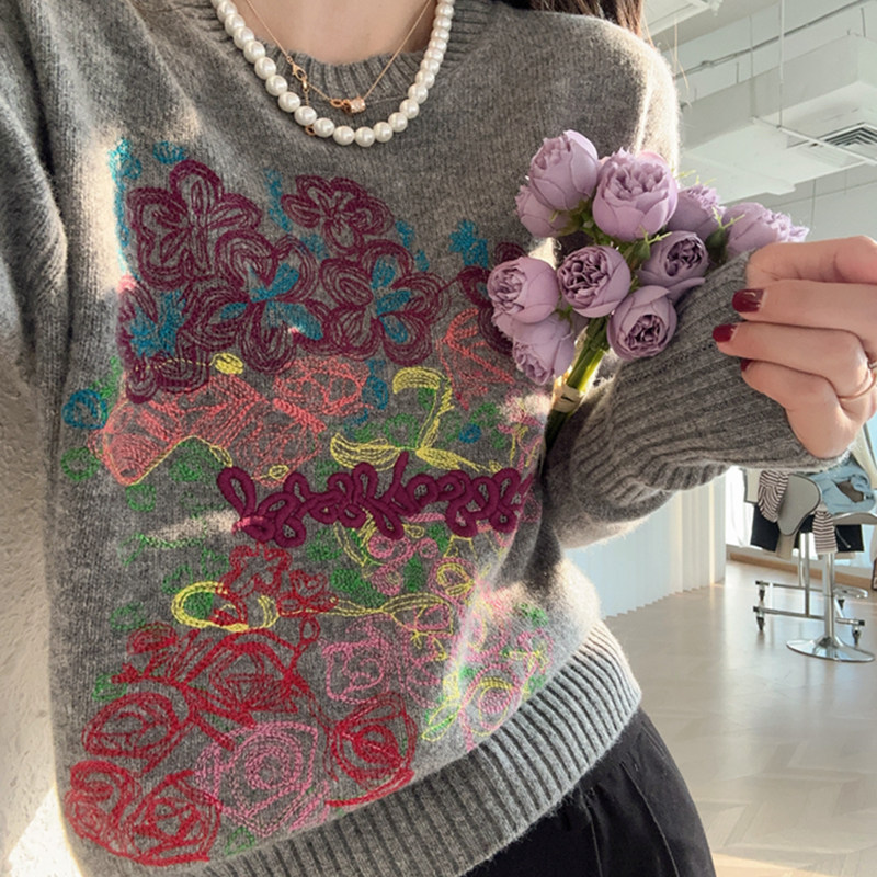 ZPOO  莫奈花园重工刺绣全羊毛针织衫上衣女秋冬宽松圆领加厚毛衣