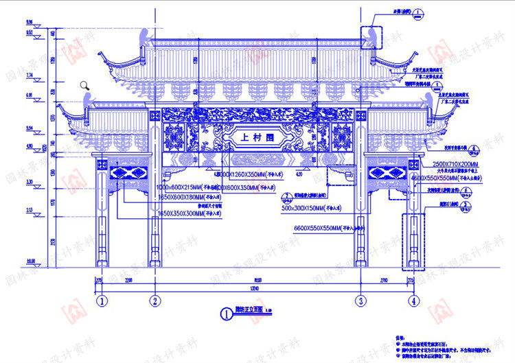 乡村仿古牌楼园林古建大门中式建筑城门斗拱牌坊cad施工图详图
