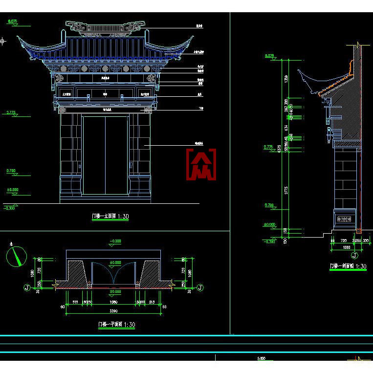 苏州风格大门古建筑苏式大门苏式门楼仿古建筑cad施工图纸