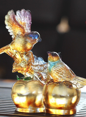 琉璃喜鹊柿子喜事临门风水摆件