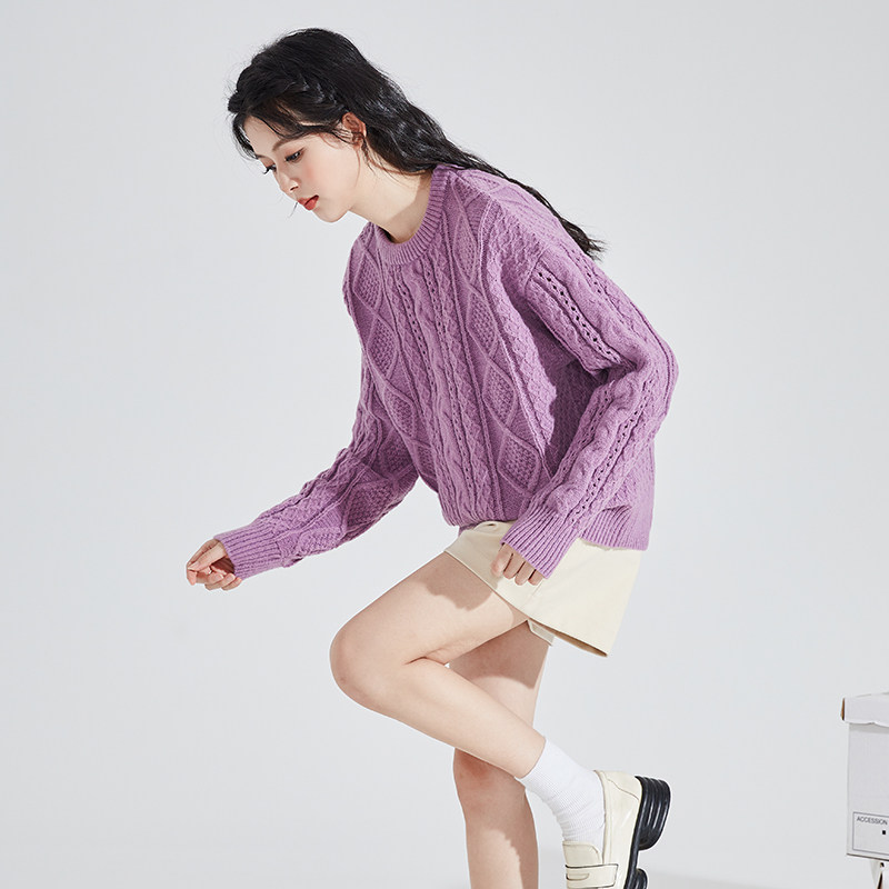 唐狮2024秋冬季新款女毛衣上衣甜美休闲韩系圆领大绞花毛线衫z