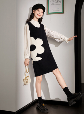 唐狮黑色花朵背心裙女小个子入秋连衣裙秋冬季背带裙毛衣马甲裙y6