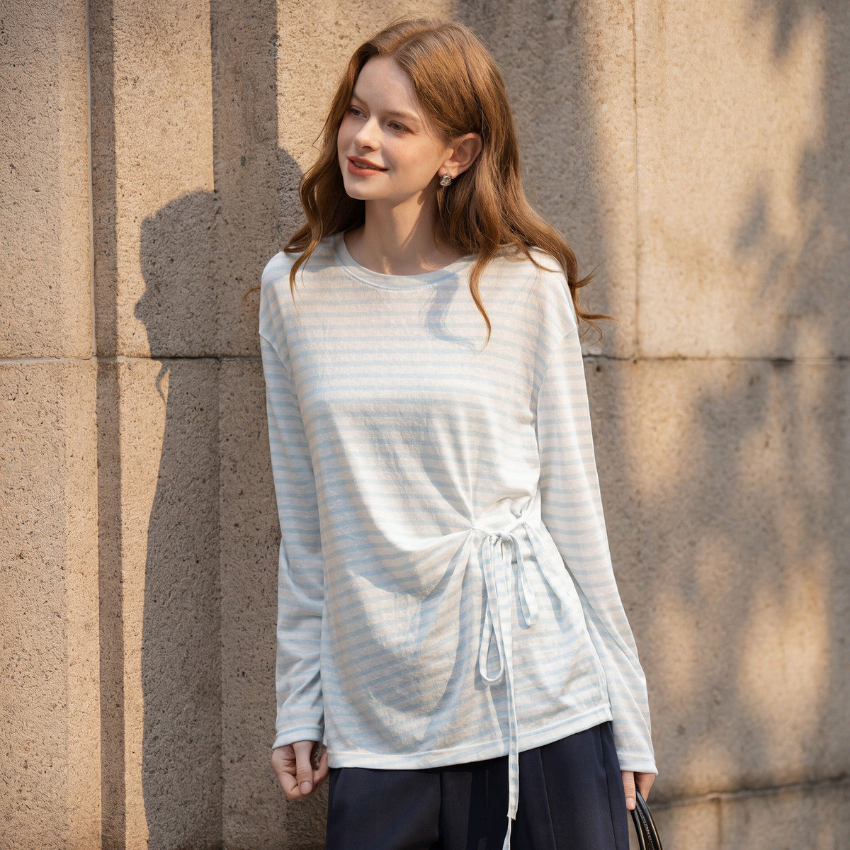 唐狮2026春季新款长袖T恤女针织薄款条纹宽松上衣绑带设计感休闲