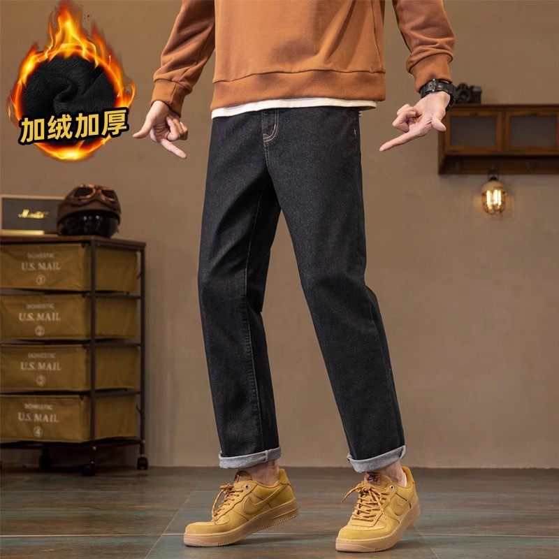 唐狮黑色加绒牛仔裤男款2025秋冬新款潮牌宽松显瘦青少年直筒裤子