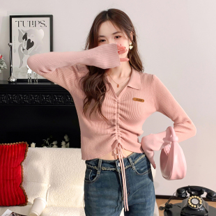 唐狮粉色长袖针织衫女2025秋季新款翻领毛衣修身显瘦短款通勤上衣