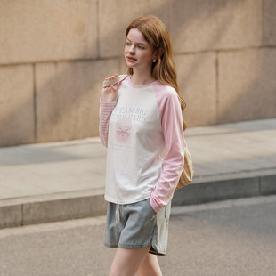唐狮2026春季新款长袖T恤女插肩袖粉色少女风撞色软妹超好看可爱