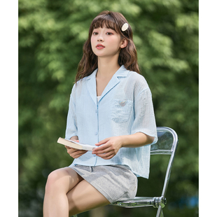 衬衣宽松开衫 唐狮2024春夏新款 女肌理感轻薄短款 衬衫 正肩上衣 短袖